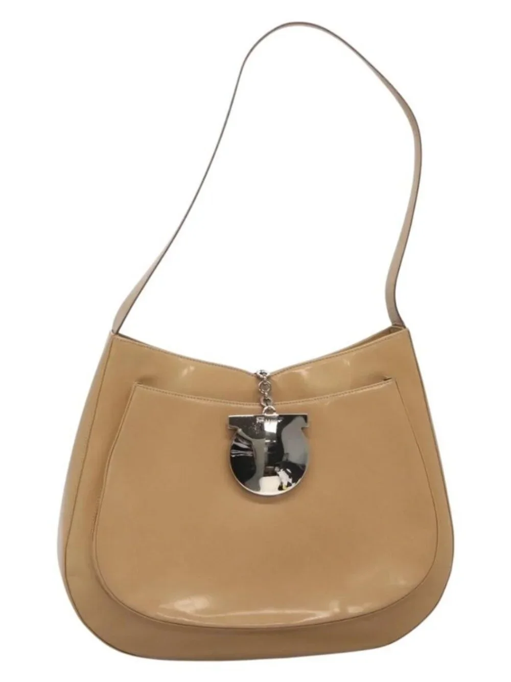 Salvatore Ferragamo Shoulder Bag Enamel Beige Silver Auth bs29120